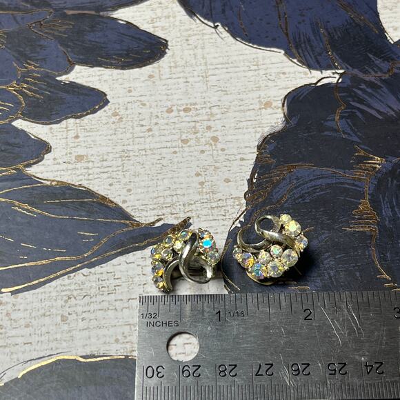Vintage Crescent Silver Tone Sparkling AB Aurora Borealis Earrings - Picture 6 of 6